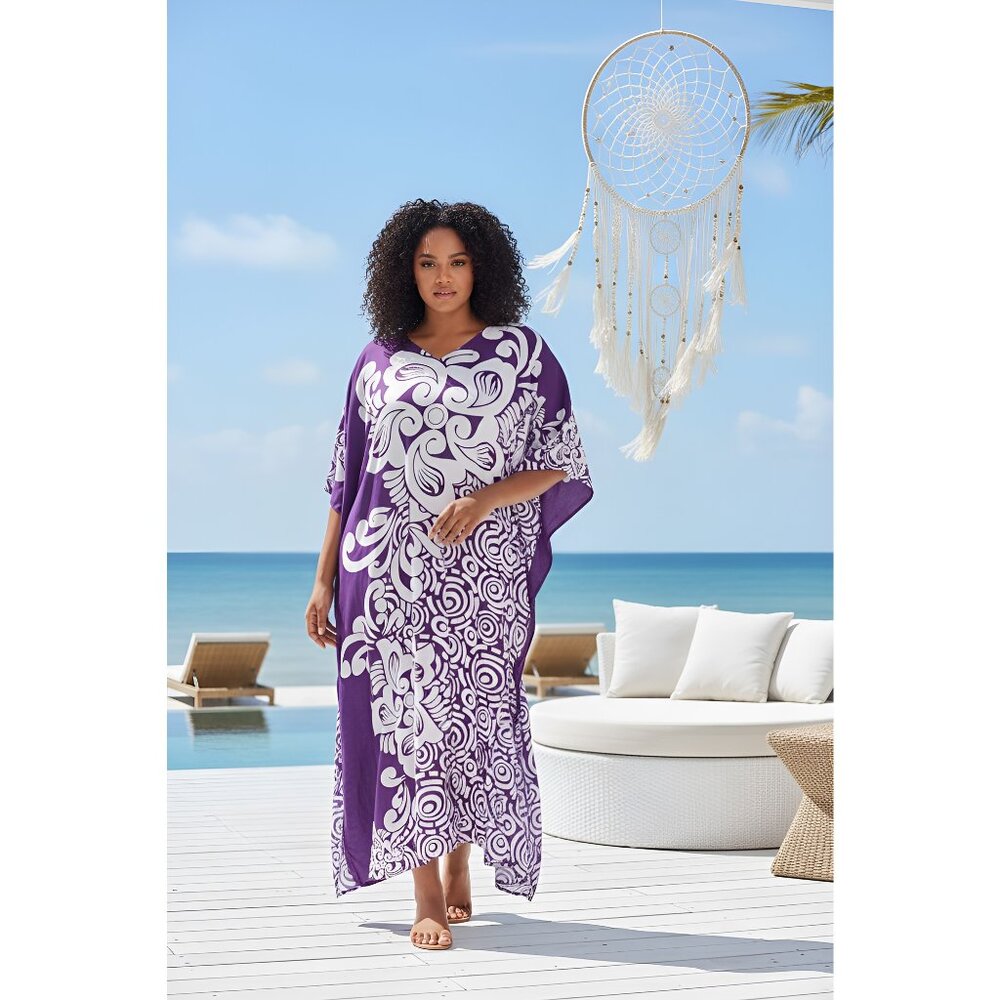 Women Plus Size Fit and Flare Floral Printed Purple Kaftan Dress by Gypsie Blu